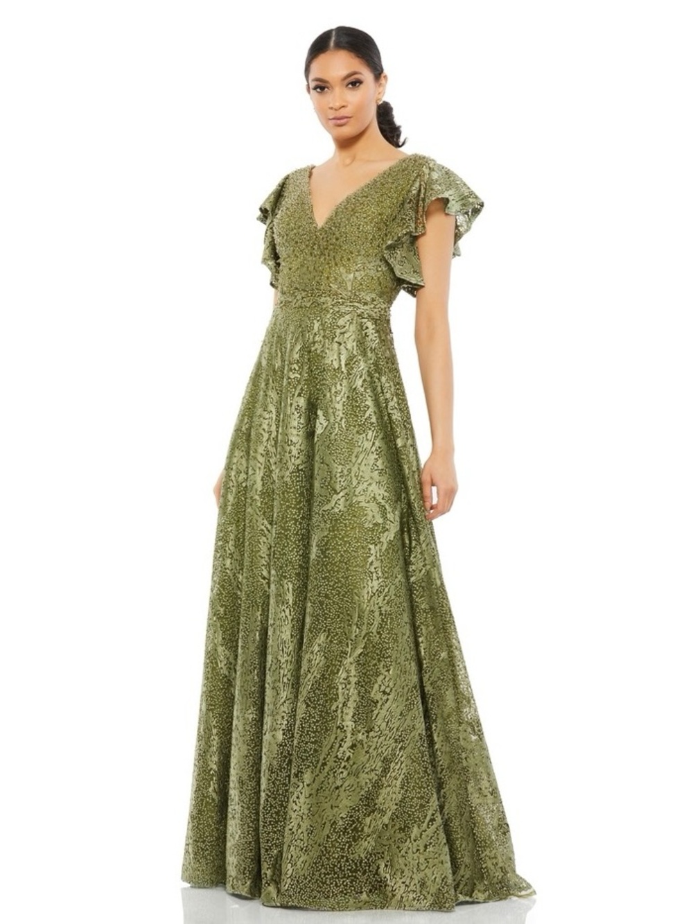 Mac DUGGAL Olive Green V-Neck Flutter Sleeve Evening Gown